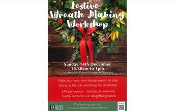 a promotional poster for Michelham Priory's wreath making workshop on Sunday 14th December