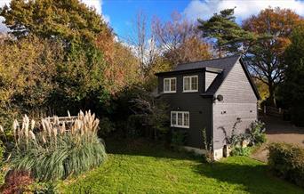 cottage surrounded by greenery and trees with driveway