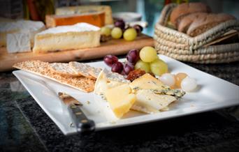 Cheese plate with crackers and grapes and onions