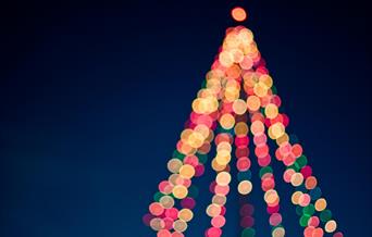 a blurred image of a multi-coloured Christmas tree