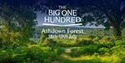 Panoramic view of Ashdown Forest with lush green woodland and rolling hills, framed by trees, with “The Big One Hundred – Ashdown Forest 18th–19th Jul