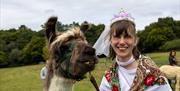 women smiling next to a Alpaca