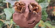 A face made of clay, pinecones and leaves