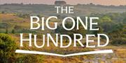 Rolling heathland landscape with a sandy path winding through heather and green woodland, overlaid with the text ‘The Big One Hundred’