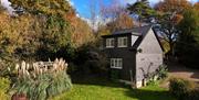 cottage surrounded by greenery and trees with driveway