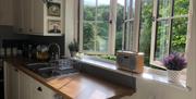 a kitchen worktop with a sink and cupboards, and a window with a view of greenery