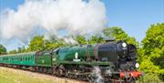 A vintage steam train travelling in the countryside
