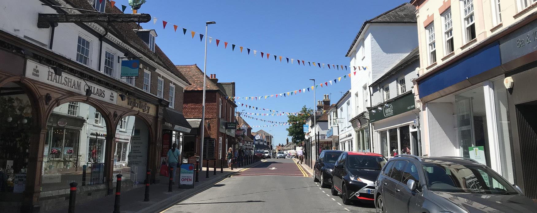 road through hailsham with shops each side and carnival flags overhead