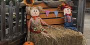 Scarecrows, hay bale, bunting, sunflowers, farm