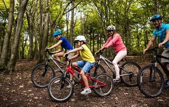 a family of four - two boys and their parents - cycling through woodland