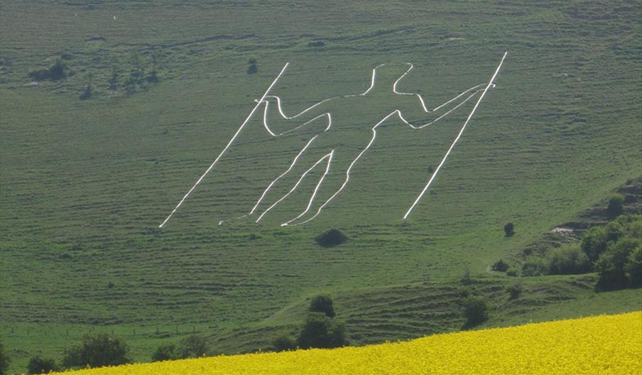 the outline of a white giant man carved in the side of the hill with two sticks surrounded by green countryside