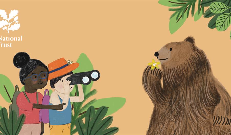 An illustration with two children on the left and a brown bear on the right.