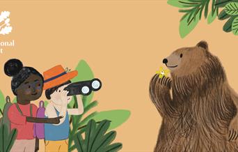 An illustration with two children on the left and a brown bear on the right.