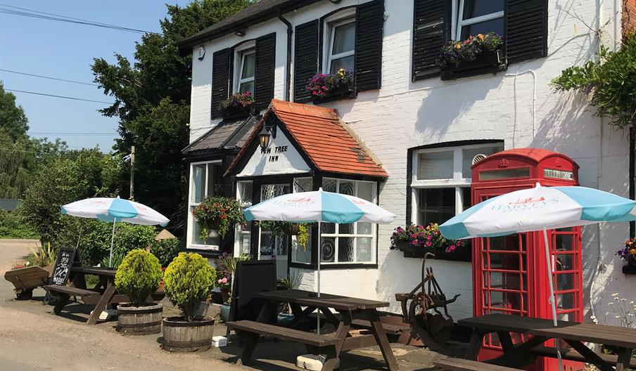 A photo of the outside of the Yew Tree Inn, there are wooden benches with parasols over them along the front of the pub.