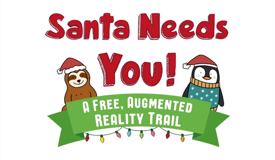 a bear and penguin on photo saying santa needs you a free augmented reality trail