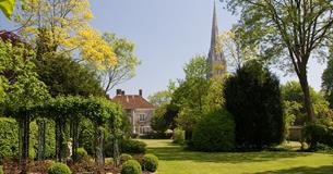 Garden with tree and Cathedral spire in background