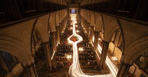 Long exposure light image inside Salisbury Cathedral credit image: Tom Gregory