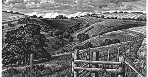 woodblock engraving showing countryside view with rolling hills