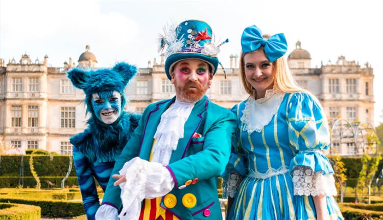 Alice, the Mad Hatter and a blue fuzzy cat