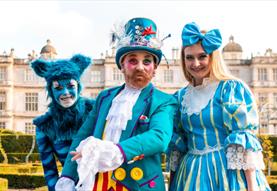 Alice, the Mad Hatter and a blue fuzzy cat