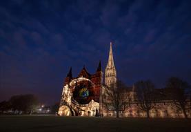 Cathedral illuminated with colourful lights