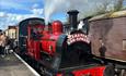 steam locomotive at station with easter eggspress headboard