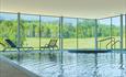 swimming pool with big windows overlooking greenery