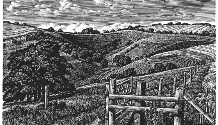 woodblock engraving showing countryside view with rolling hills