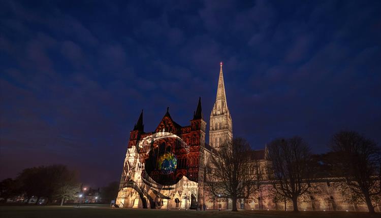 Cathedral illuminated with colourful lights