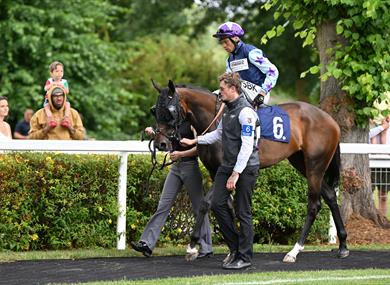 Horse and jockey in the parade ring watched by family