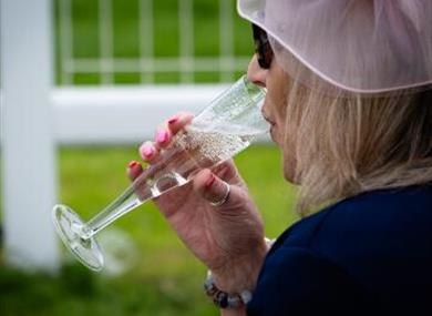 Windsor Racecourse Fizz & Flutes Racenight - lady drinking fizz out of a flute next to the racecourse