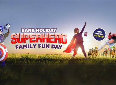 Superhero Family Day graphic for Windsor Racecourse, with child dressed as a superhero, Captain America and Spiderman, and race horses galloping past 