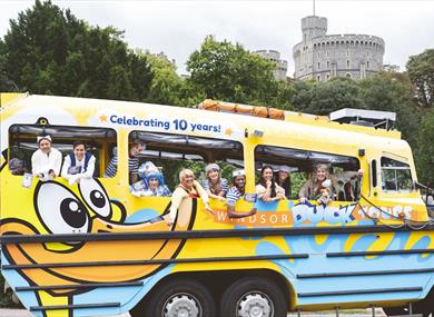 The cast of Dick Whittington on the Windsor Duck