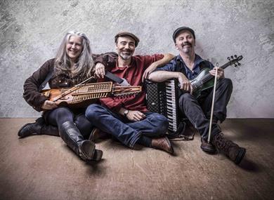 Firelight Trio - band sat on floor against wall with folk instruments