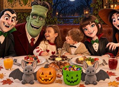 Little Monsters Breakfast Banquet | children with Halloween characters at a dining table