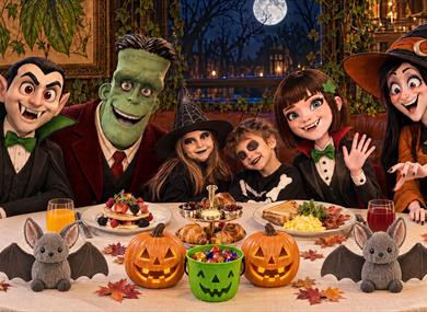 Children dressed in Halloween costumes with Halloween characters round the table at The Ivy
