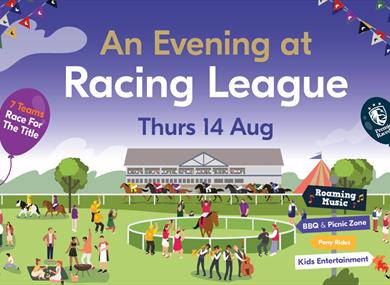 Racing League at Royal Windsor Racecourse graphic, cartoon of activities around the course
