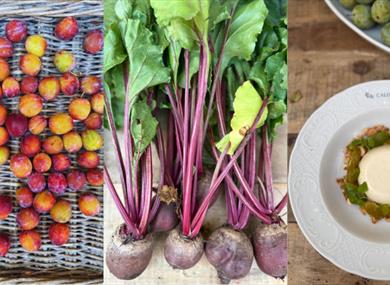 Fresh produce including plums and beetroot