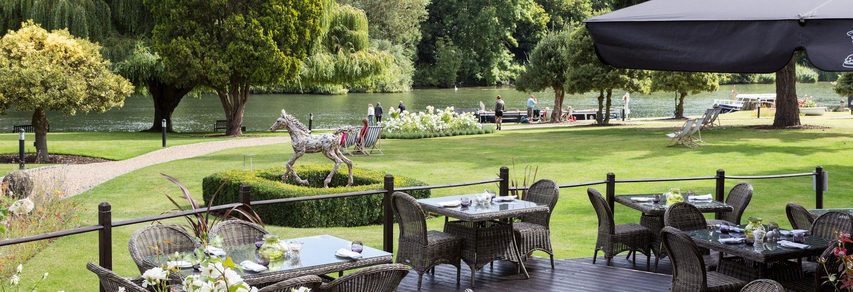 River views and outside dining at Oakley Court's terrace restaurant