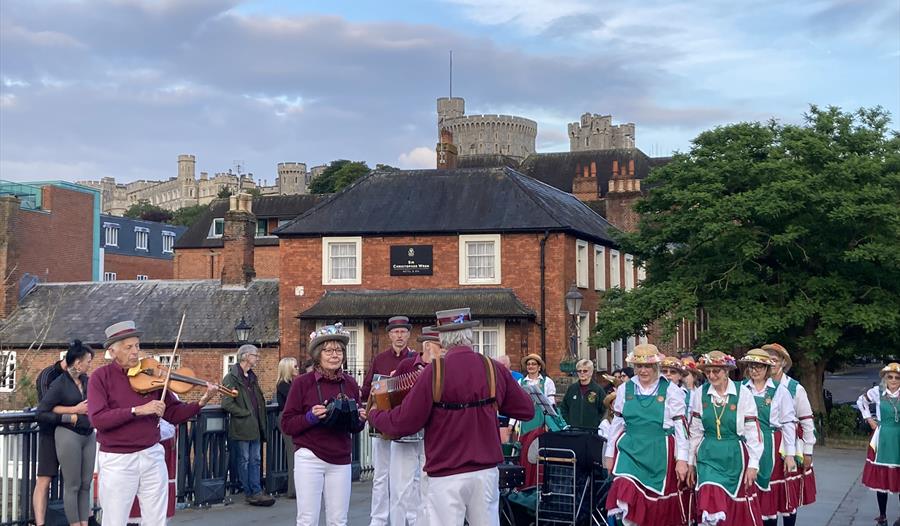 Morris Dancers on Eton Bridge, Windsor Castle in the background