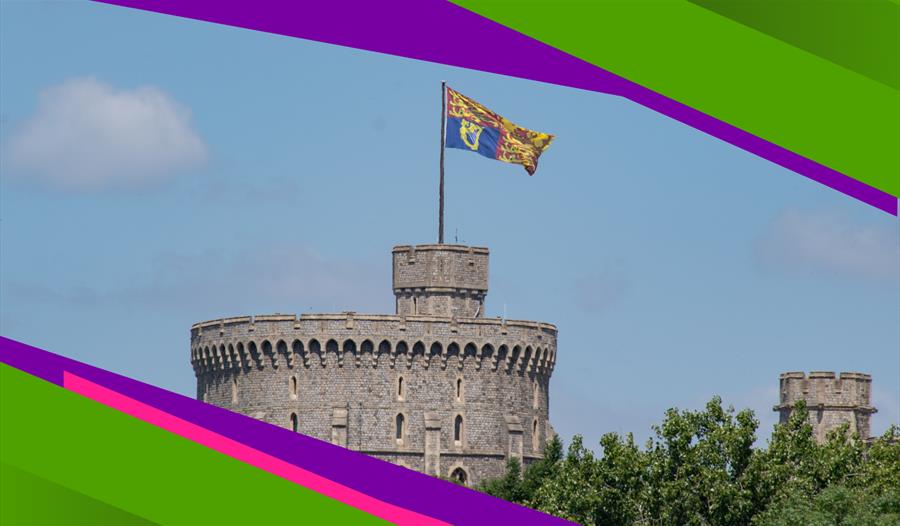 Long Walk Live graphic - Round Tower at Windsor Castle with Royal Standard flying