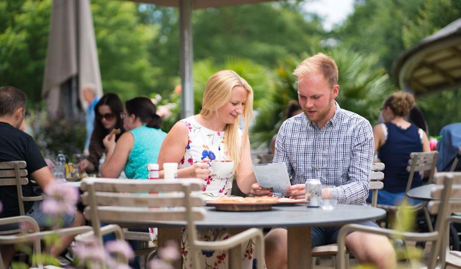 Visitors looking at the menu on the terrace of The Savill Garden Kitchen