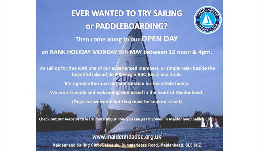 Maidenhead Sailing Club Open Day graphic, with picture of sailing boats