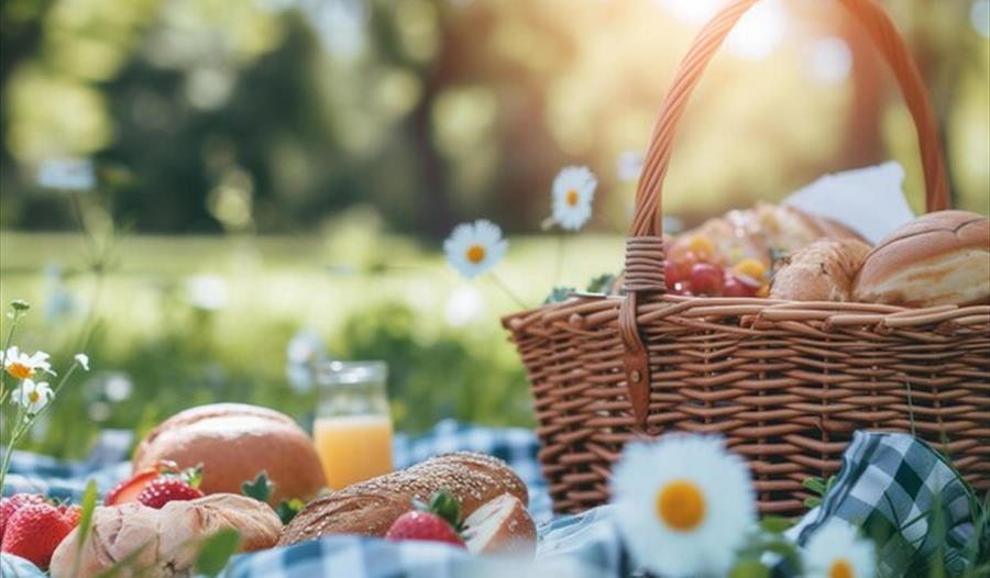 Picnic basket with bread and strawberries in a meadow with daisies