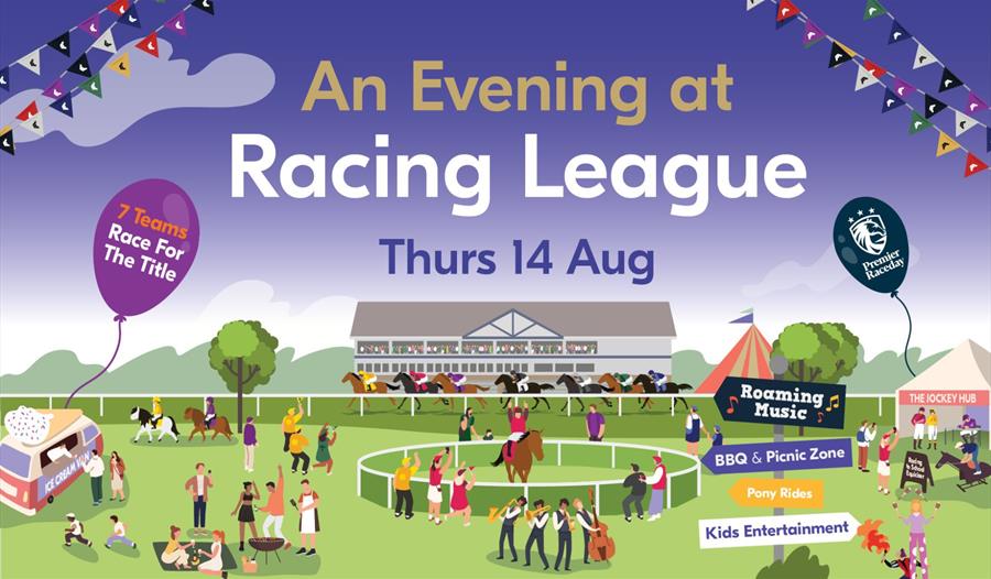 Racing League at Royal Windsor Racecourse graphic, cartoon of activities around the course