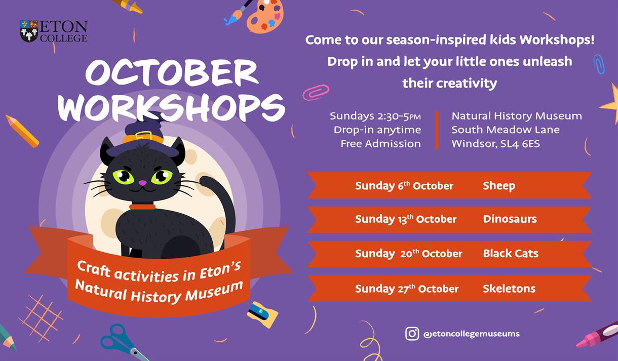 ENHM October Workshops poster, with black cat