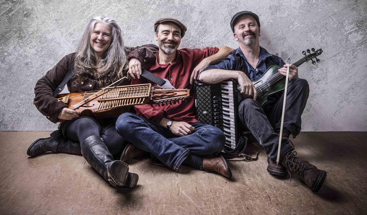 Firelight Trio - band sat on floor against wall with folk instruments