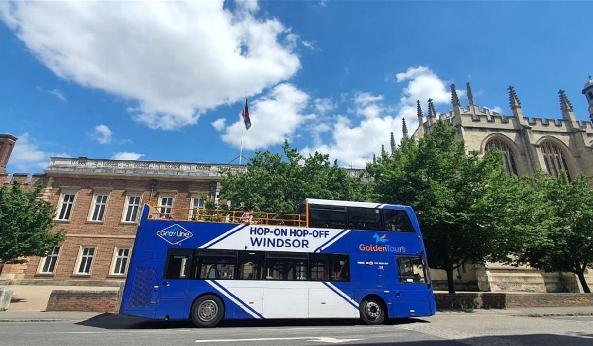 Golden Tours Hop-on Hop-off Open Top Tour of Windsor outside Eton College