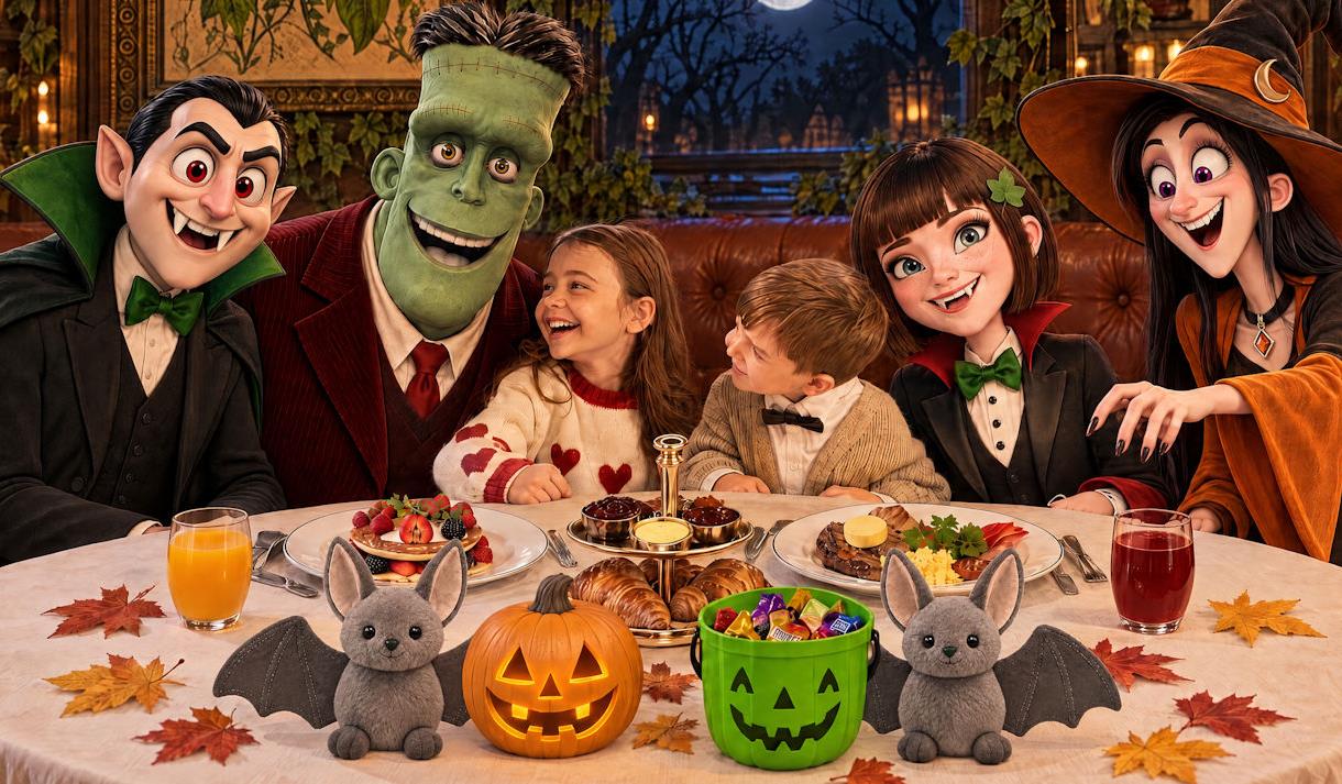 Little Monsters Breakfast Banquet | children with Halloween characters at a dining table