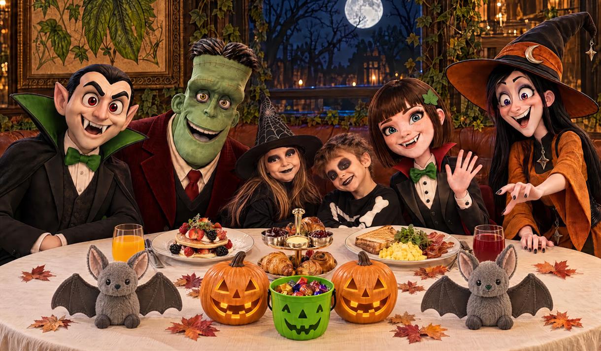 Children dressed in Halloween costumes with Halloween characters round the table at The Ivy